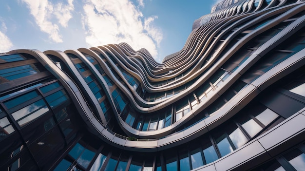 Modern hoog gebouw met golvend futuristisch ontwerp lage hoekmening van abstracte curvevormen en lucht Geometrische gevel met glas en staal Concept van het platform exterieur kantoor