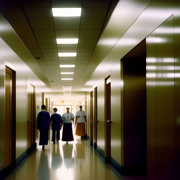 Modern Hospital Hallway with Abstract Medical Workers Walking