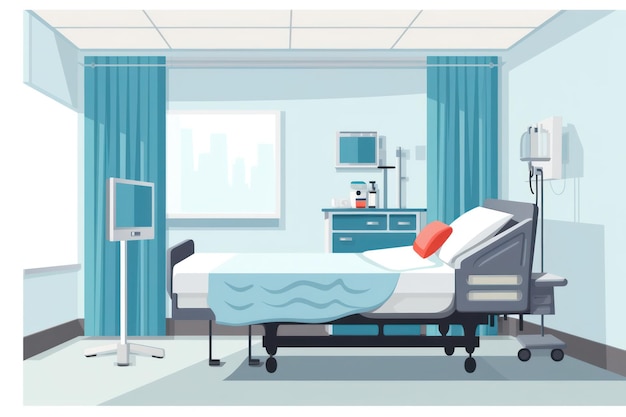 Modern Hospital Interior with Empty Patient Room Healthcare Equipment and Professional Doctor in Cartoon Illustration