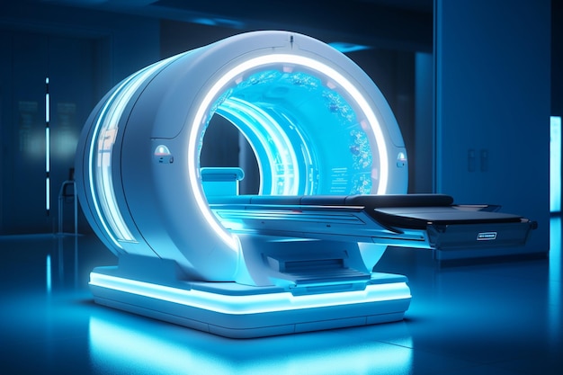 Photo modern hospital machinery illuminating a blue mri scanner for detailed diagnostics