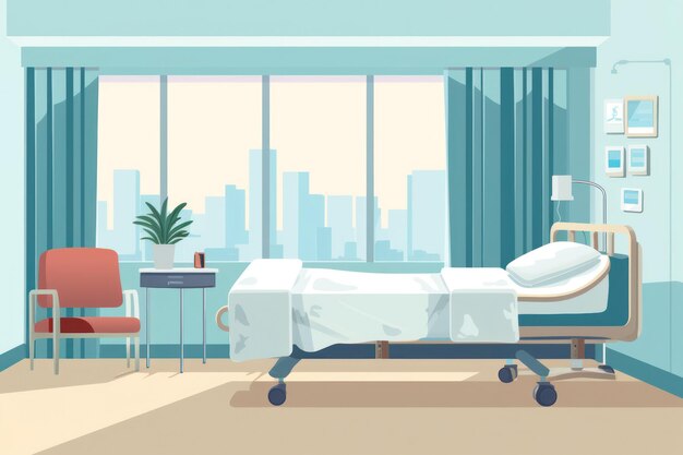 Modern Hospital Medicine Care Illustration of an Empty Bed in a Cartoonstyle Clinic Interior