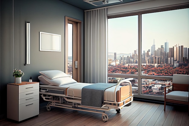 ベッドと街のスカイラインの景色を望むモダンな病室