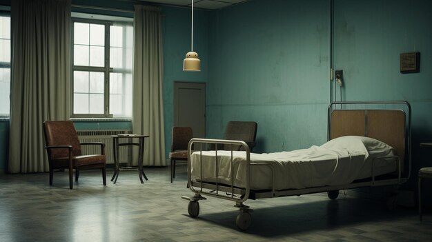 Современная больничная палата с пустой кроватью и стулом