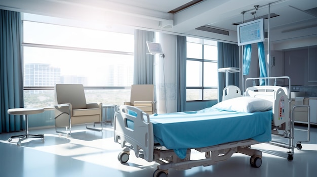 Modern hospital room with empty bed and chair