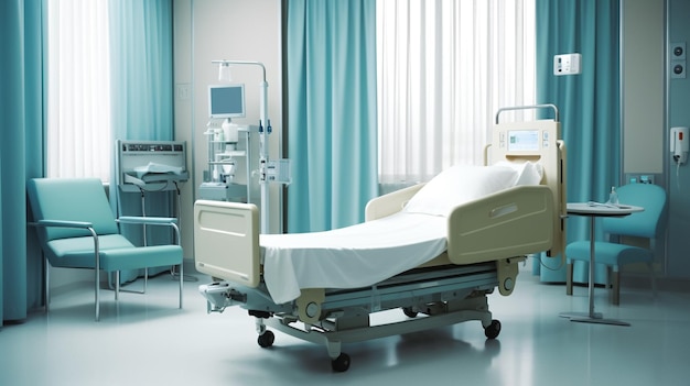 Modern hospital room with empty bed and chair