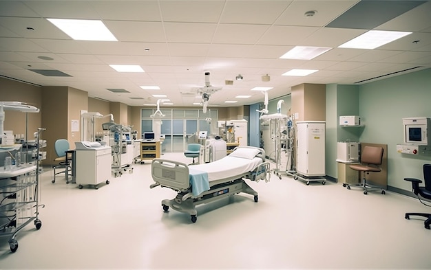 Modern hospital ward interior with patient beds