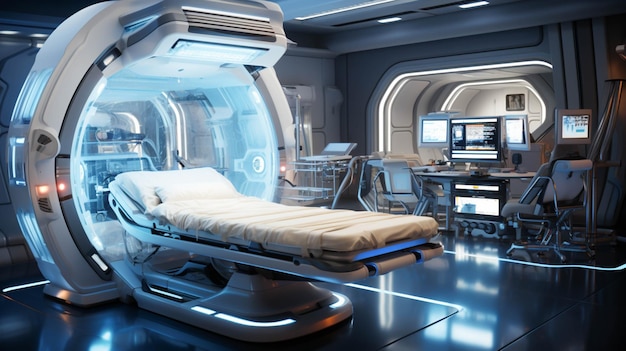 Modern hospital ward with illuminated equipment and futuristic