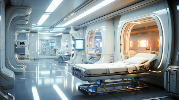 Modern hospital ward with illuminated equipment