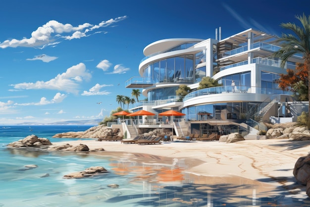 Modern hotel building on the seashore or ocean for summer holidays and vacations