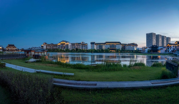 Modern hotel by the lake in Wuxi China in the evening