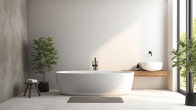 Modern hotel interior with tub wash basin and window