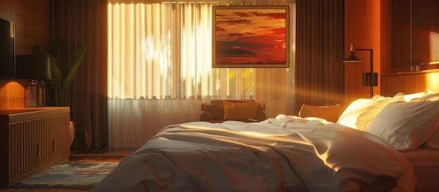 Modern hotel room ambiance with peaceful evening light filtering through the curtains