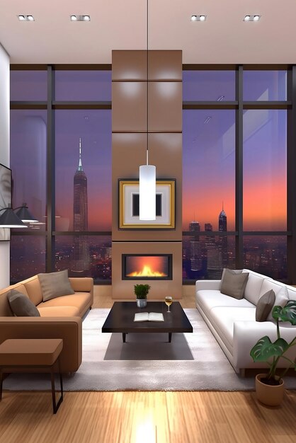 Modern hotel room Interior design with panoramic windows fireplace chairs table and night city view