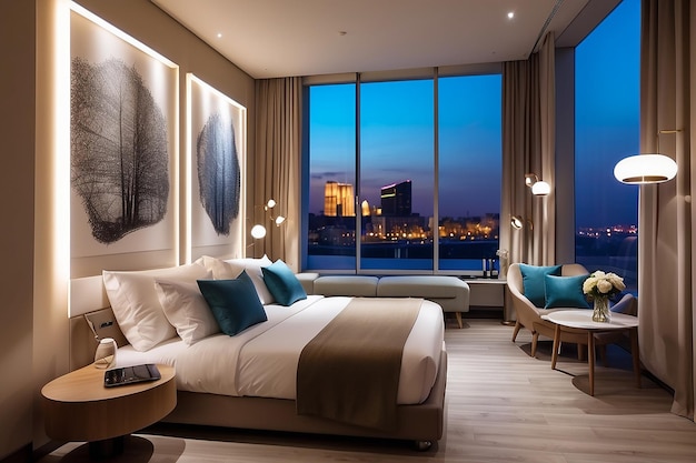 Modern hotel room with illuminated pictures