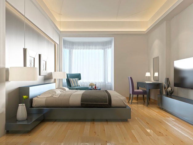 아르데코 요소가 가미된 현대적인 스타일의 대형 침대가 있는 현대적인 호텔 객실입니다. 조명과 유리 욕실이 있는 벽의 장식용 틈새. 3D 렌더링