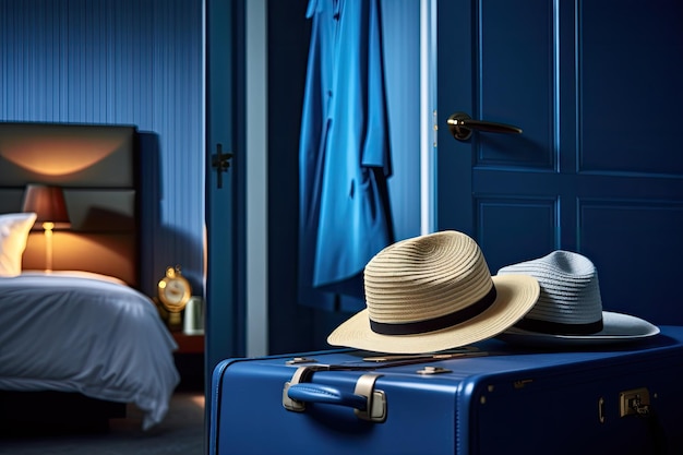 열린 문이 있는 현대적인 호텔 객실에는 파란색 여행 가방과 tr의 시작을 알리는 모자가 있습니다.