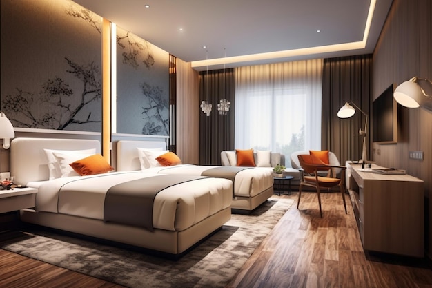 Modern hotel tweepersoonskamer interieur Generatieve AI