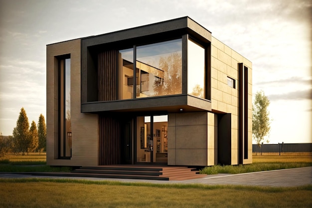 Modern house in beige brown tones with rectangular shapes and large windows