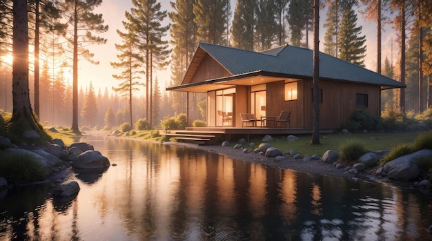 A modern house beside a stream in the forest at sunrise