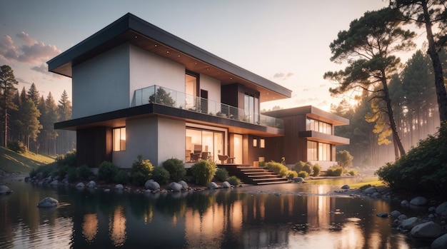 A modern house beside a stream in the forest at sunrise