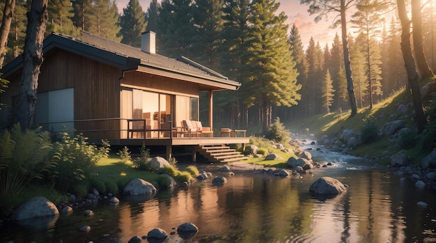 A modern house beside a stream in the forest at sunrise