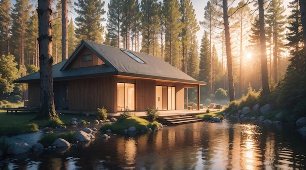 A modern house beside a stream in the forest at sunrise