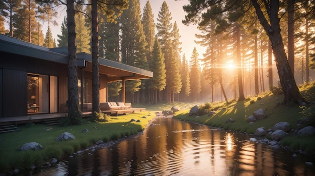 A modern house beside a stream in the forest at sunrise