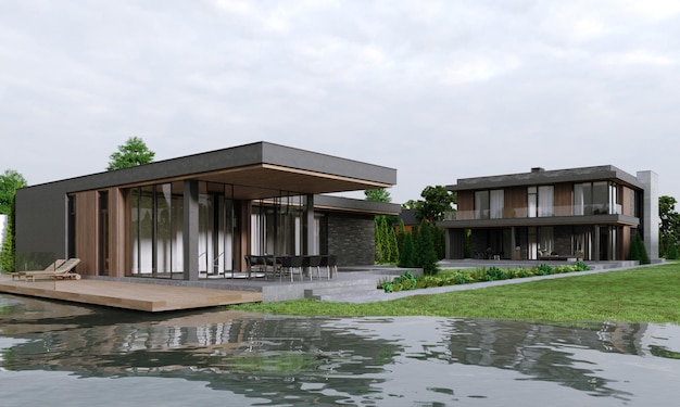 호수 옆에 있는 현대적인 집. 3D 시각화. 홈 개념입니다. 건축물