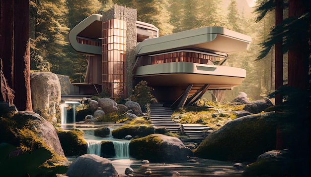 モダンな家 自然の風景の中の現代的な豪華なヴィラの家の外観 ジェネレーティブ AI