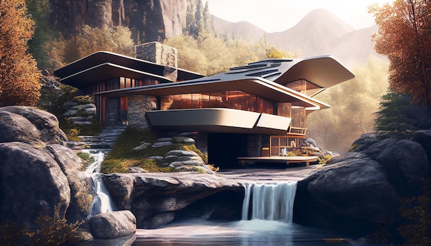 Modern house Contemporary luxury villa home exterior in a nature landscape Generative AI