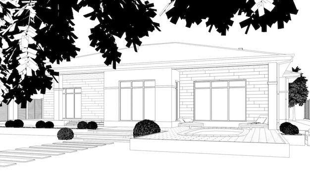 Modern house cottage exterior view 3d illustration sketch outline