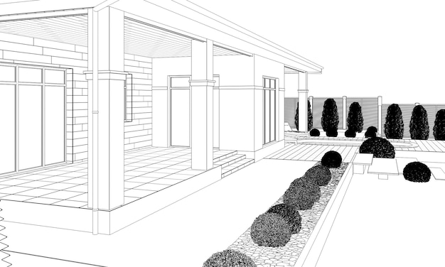 Modern house cottage exterior view 3d illustration sketch outline