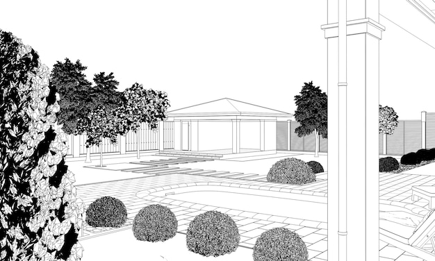 Foto contorno di schizzo dell'illustrazione 3d di vista esterna del cottage moderno della casa