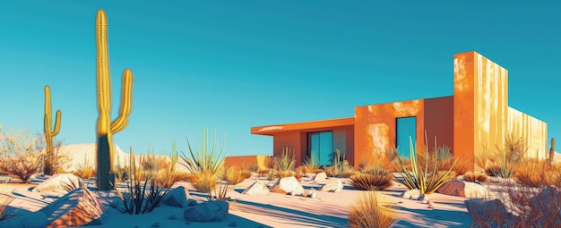 modern house in desert landscape with cacti under blue sky background