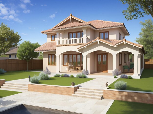 Modern house design equipped with tables chairs and a garden house illustrations and terraces