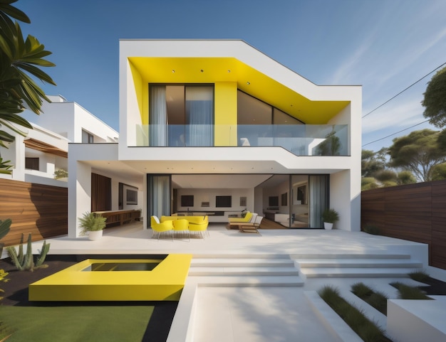 Современный дизайн дома с диваном и садом