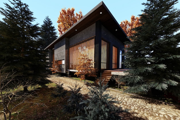 Modern house design in the woods in autumn, 3d render