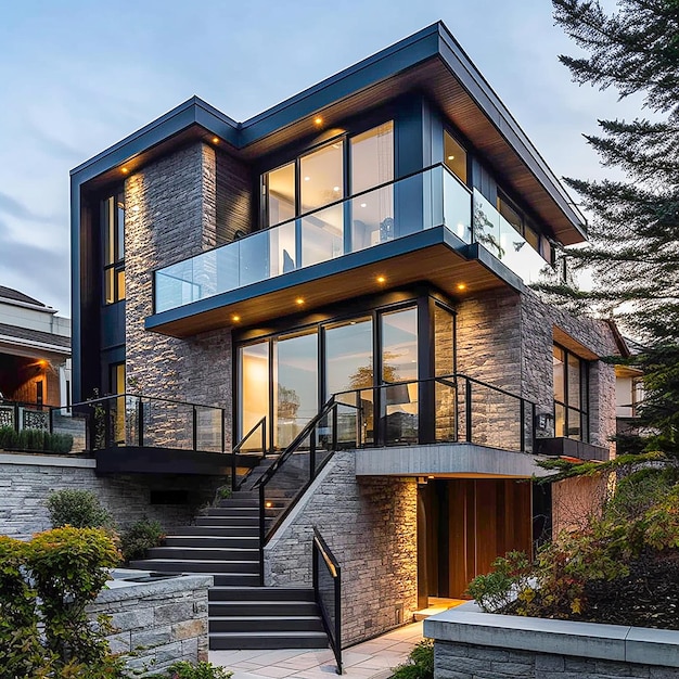 Modern house exterior at dusk with stairs and walkway