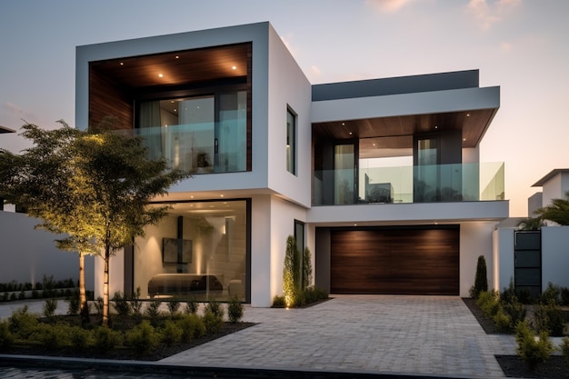 Modern house exterior in the evening Perspective view of a modern house exterior