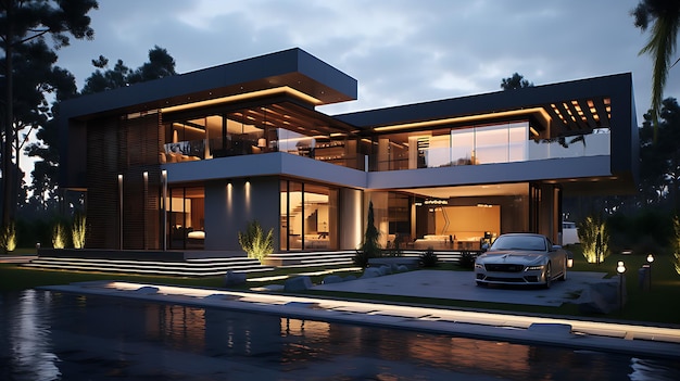 Modern house exterior evening view with interior lighting3d rendering