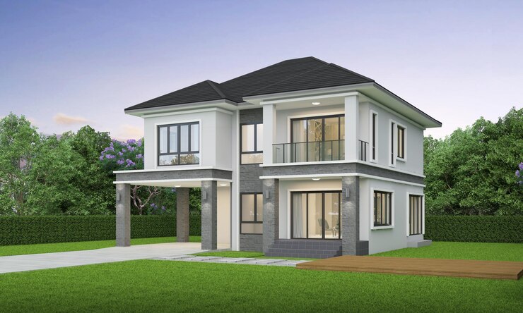 Photo ทิวทัศน์ภายนอกบ้านสมัยใหม่ในยามเย็นพร้อมการเรนเดอร์ 3 มิติของสนามหญ้า
