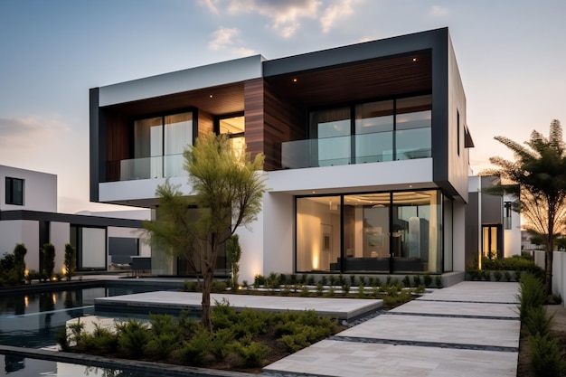 Modern house exterior Luxury house with garage and terrace real estate concept