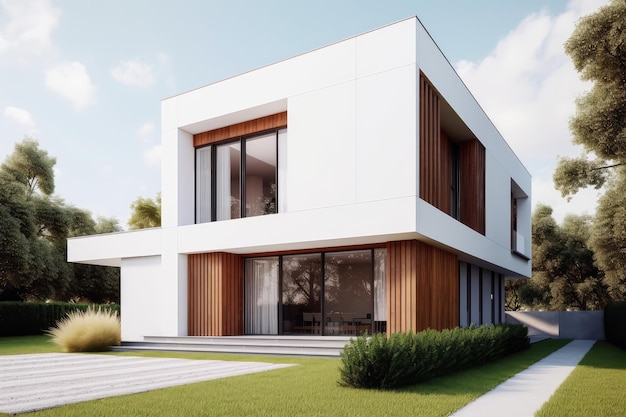 Modern house exterior minimal style with white concrete wall AI generated image