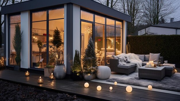 크리스마스 조명과 장식으로 현대적인 집 외관