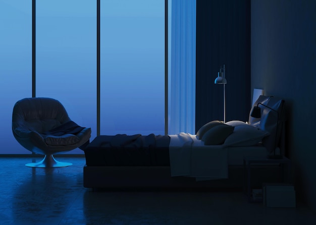 Modern house interior. Bedroom interior design. Evening lighting. 3D rendering.
