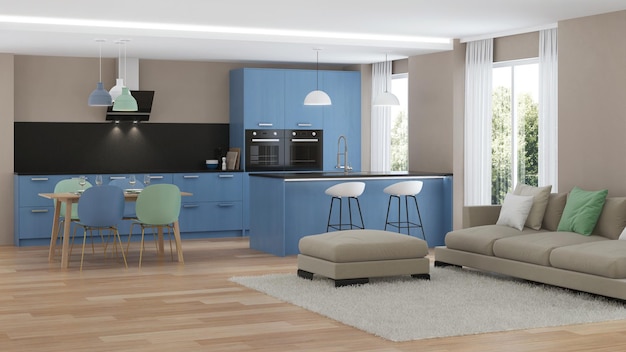 Modern house interior. Blue Kitchen. 3D rendering.