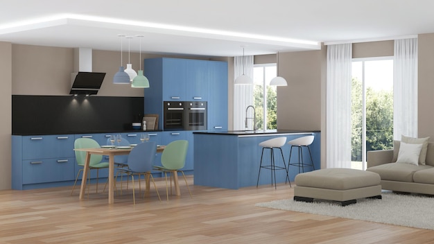 Modern house interior. Blue Kitchen. 3D rendering.