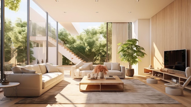современный дизайн интерьера дома в солнечный день