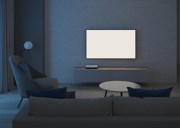 Современный интерьер дома Вечернее освещение Ночь 3D рендеринг