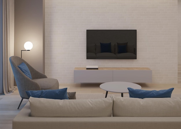 Modern house interior Evening lighting Night 3D rendering